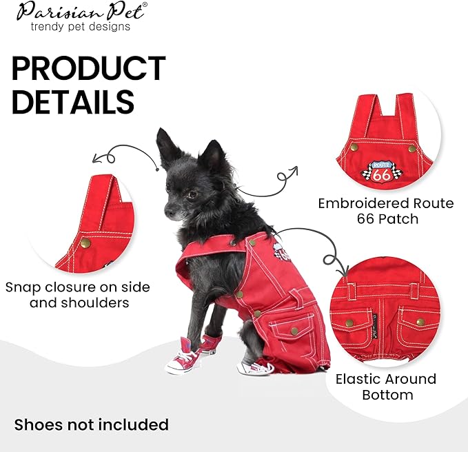 Parisian Pet Denim Overall - Embroidered Route 66 ' Red Jumpsuit - Breathable & Washable Dog Outfit - Dog Overalls XL