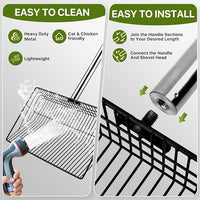 Chicken Poop Scooper with Long Handle- Coop Scoop with 24-68" Adjustable Stainless Handle, 4-in-1 Sifter Shovel for Poultry Waste Cleaning Accessories (Black)