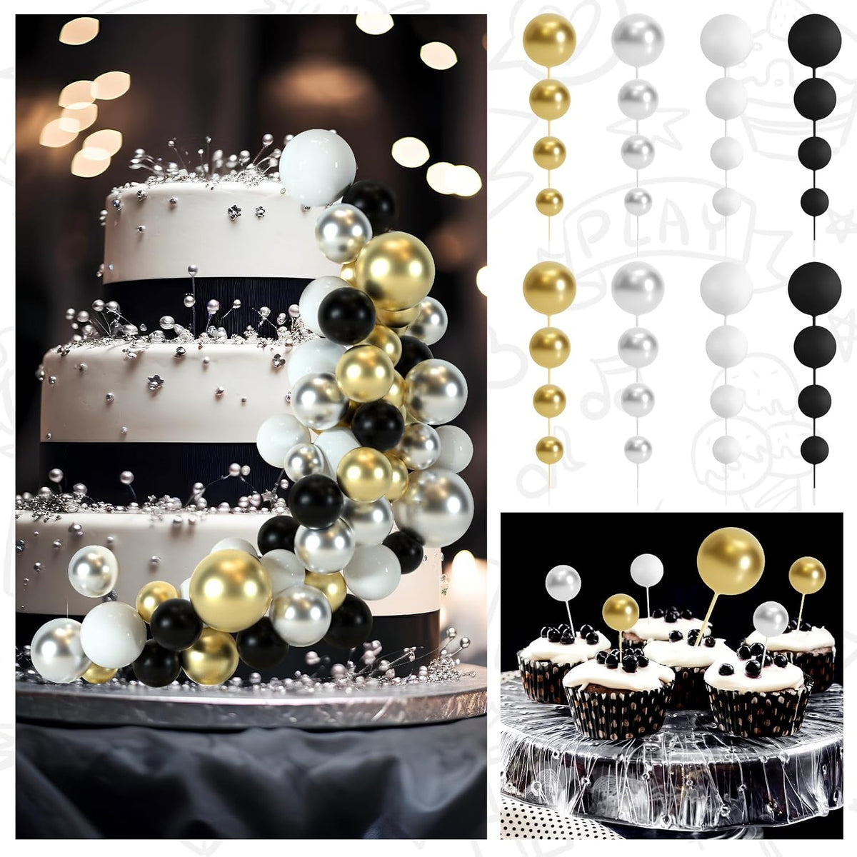 48 Pcs Balls Cake Topper Decorations Balloon Cupcake Toppers Foam - A01-black, Silver, White, Gold - image 4