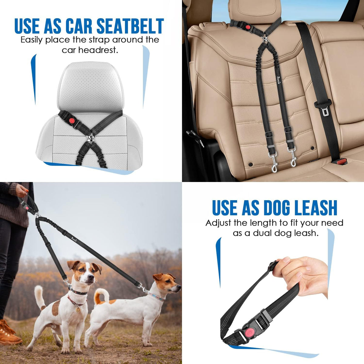 Lukovee Double Dog Car Seat Belt, No Tangle Headrest Restraint – Essentials for Dogs - Black / 2 Pack - image 2