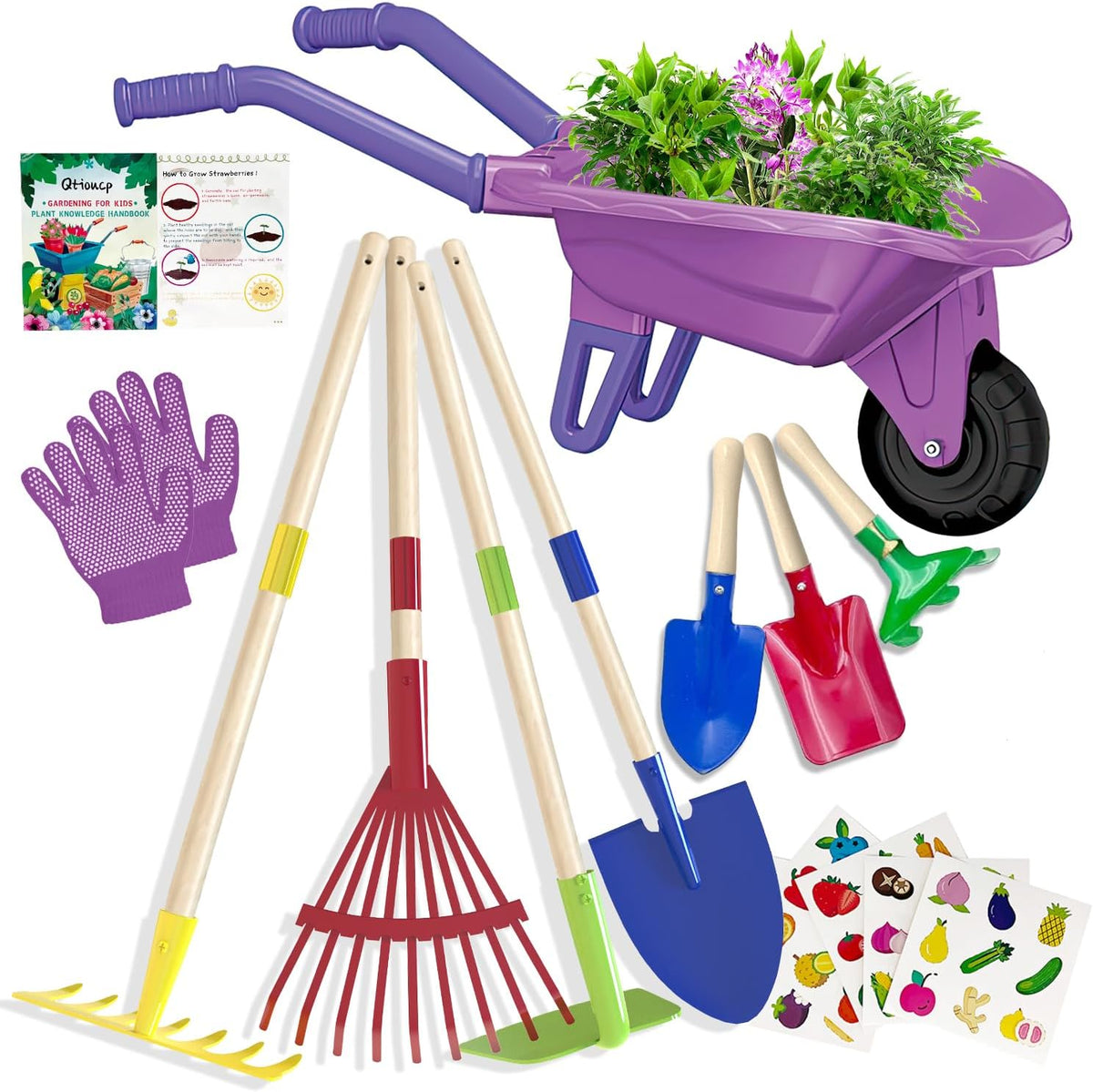 Qtioucp Kids Gardening Set with Wheelbarrow - Purple