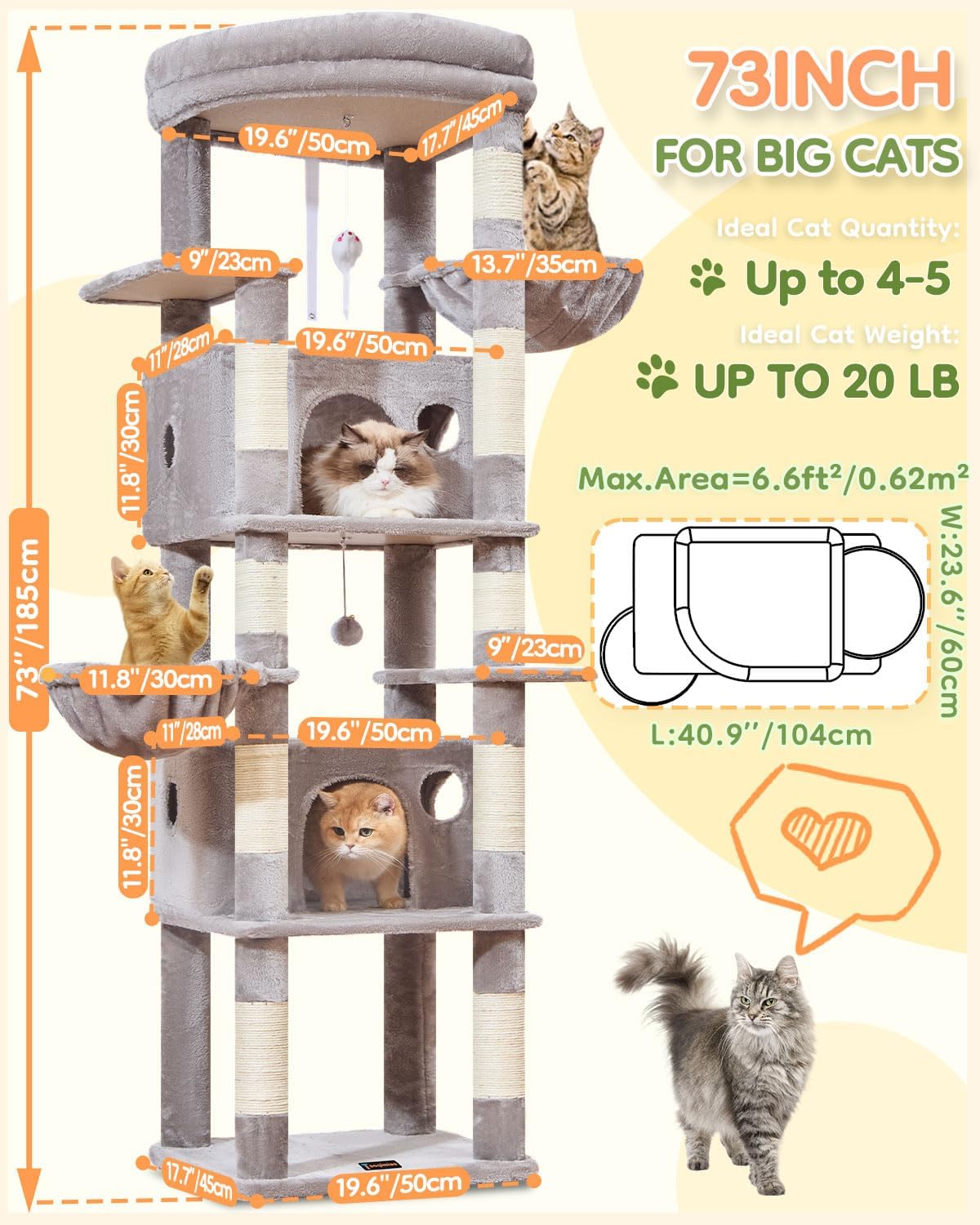 Taoqimiao Cat Tree, 67 in Tall Cat Tower with 2 Plush Cat Condos – Essentials for Cats - Sturdy-73IN / Light Gray - image 2