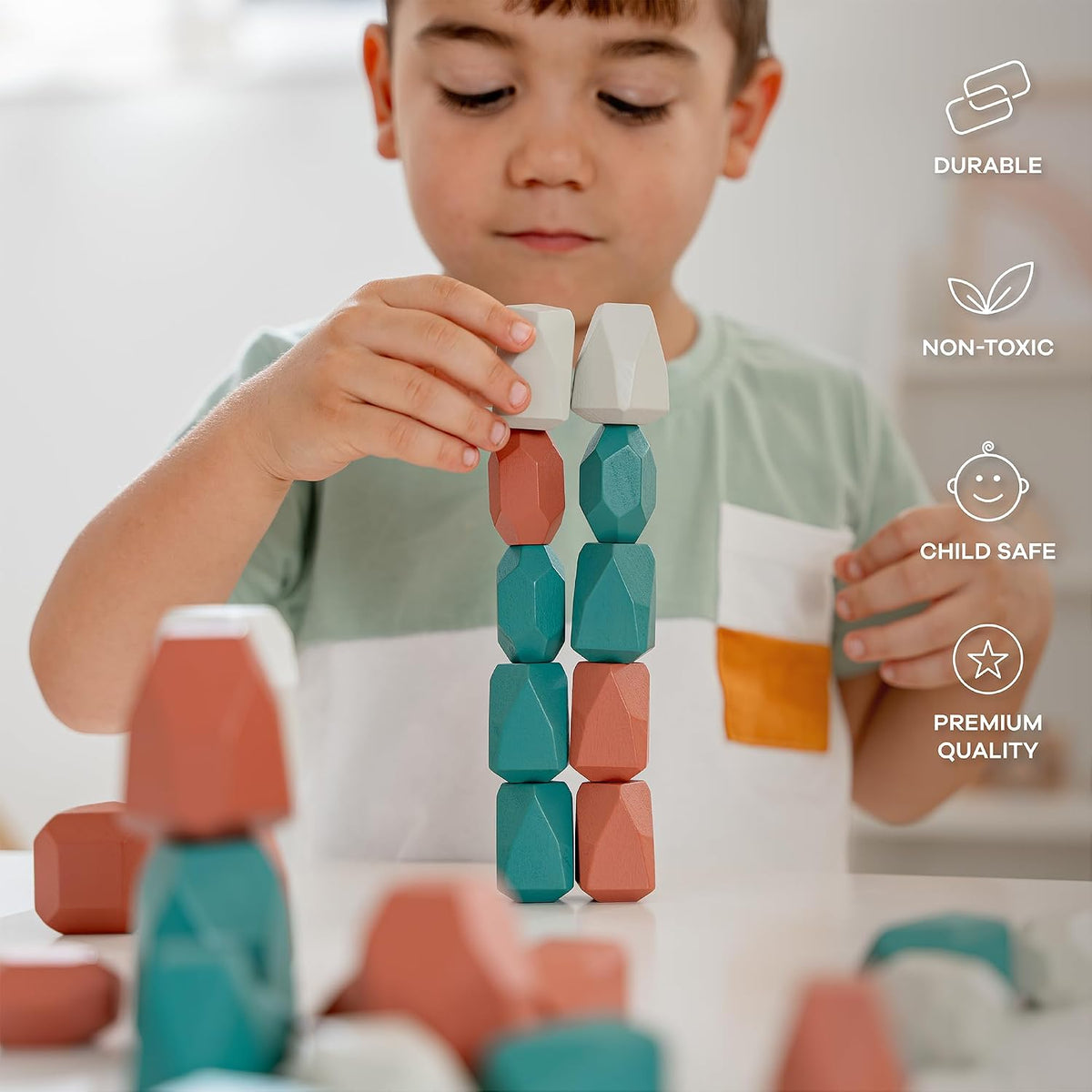 Comfy Cubs wooden stacking rocks, 36 colorful pine wood stones in a neutral pack - view 13