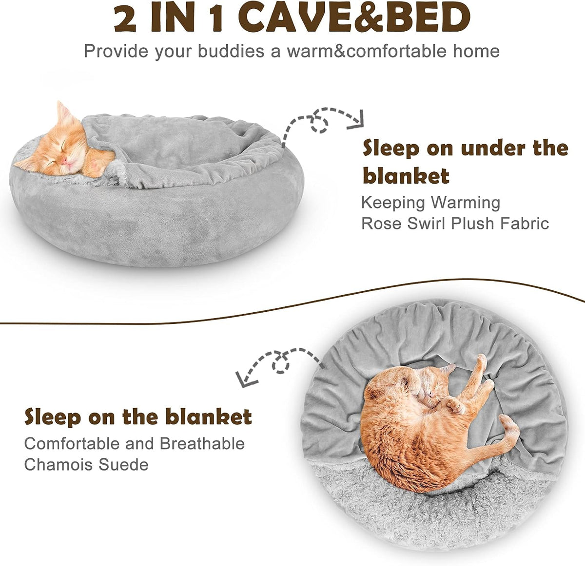 JOEJOY Small Dog Bed Cat Bed with Hooded Blanket - M(26" x 26" x 8") / Grey - image 3