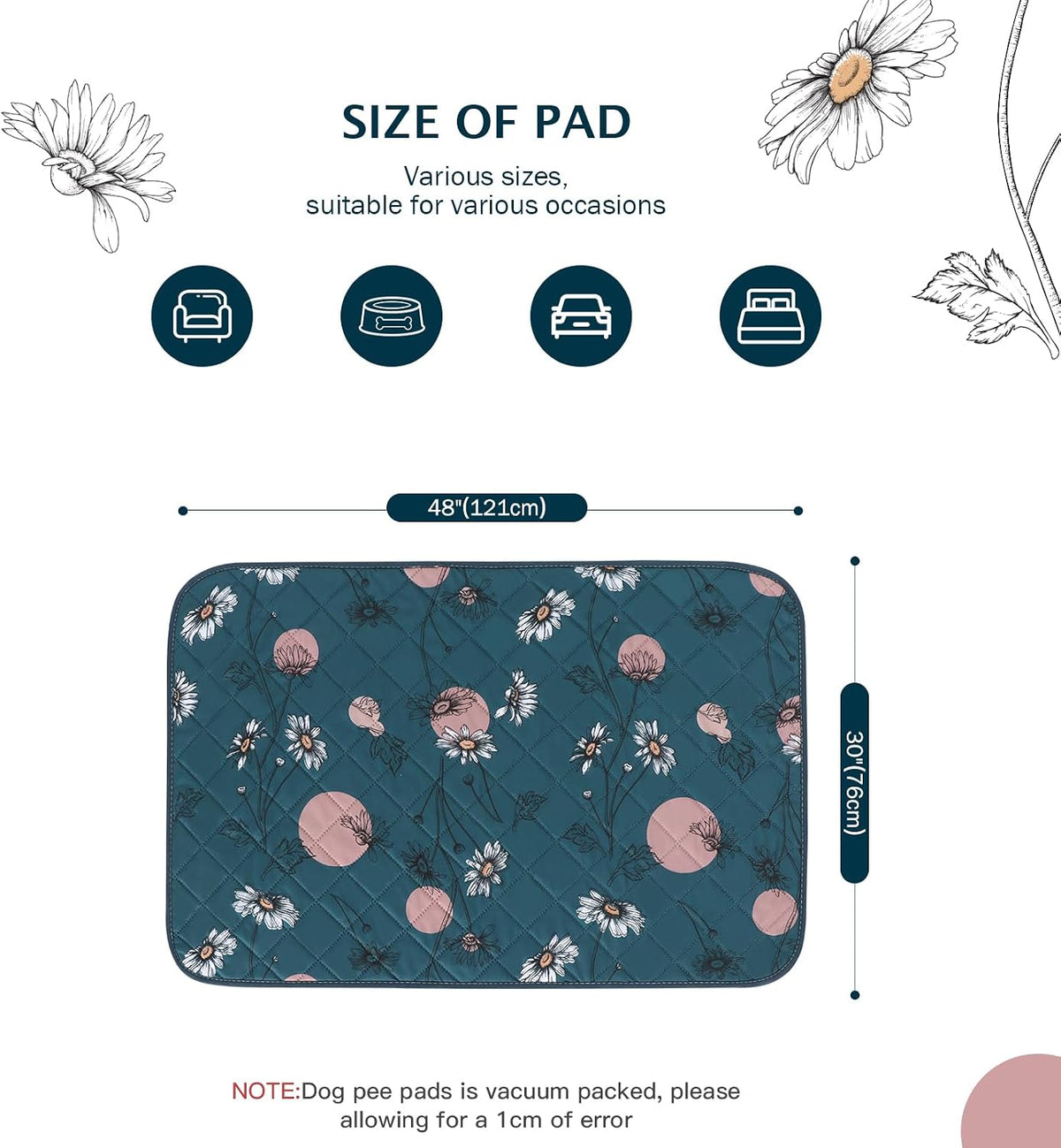 IEUUMLER Washable Pee Pads for Dogs - Navy Blue Daisy / 48"X30"-2pcs - image 4