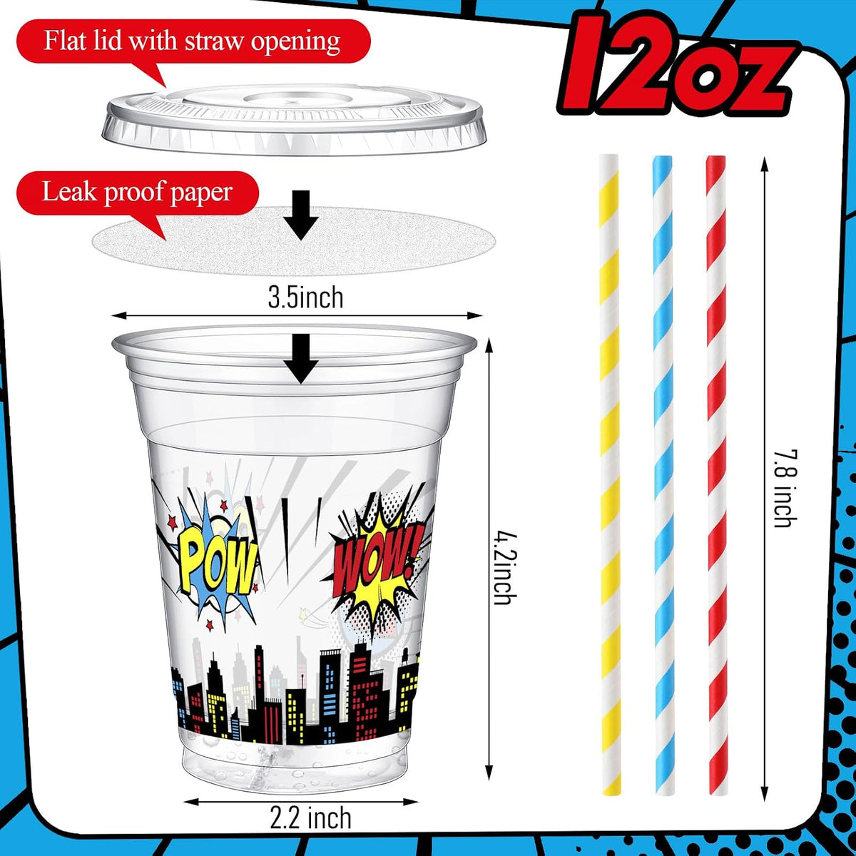 Teenyyou 12 oz clear plastic party cups with dirt bike design, lids and paper straws - view 12