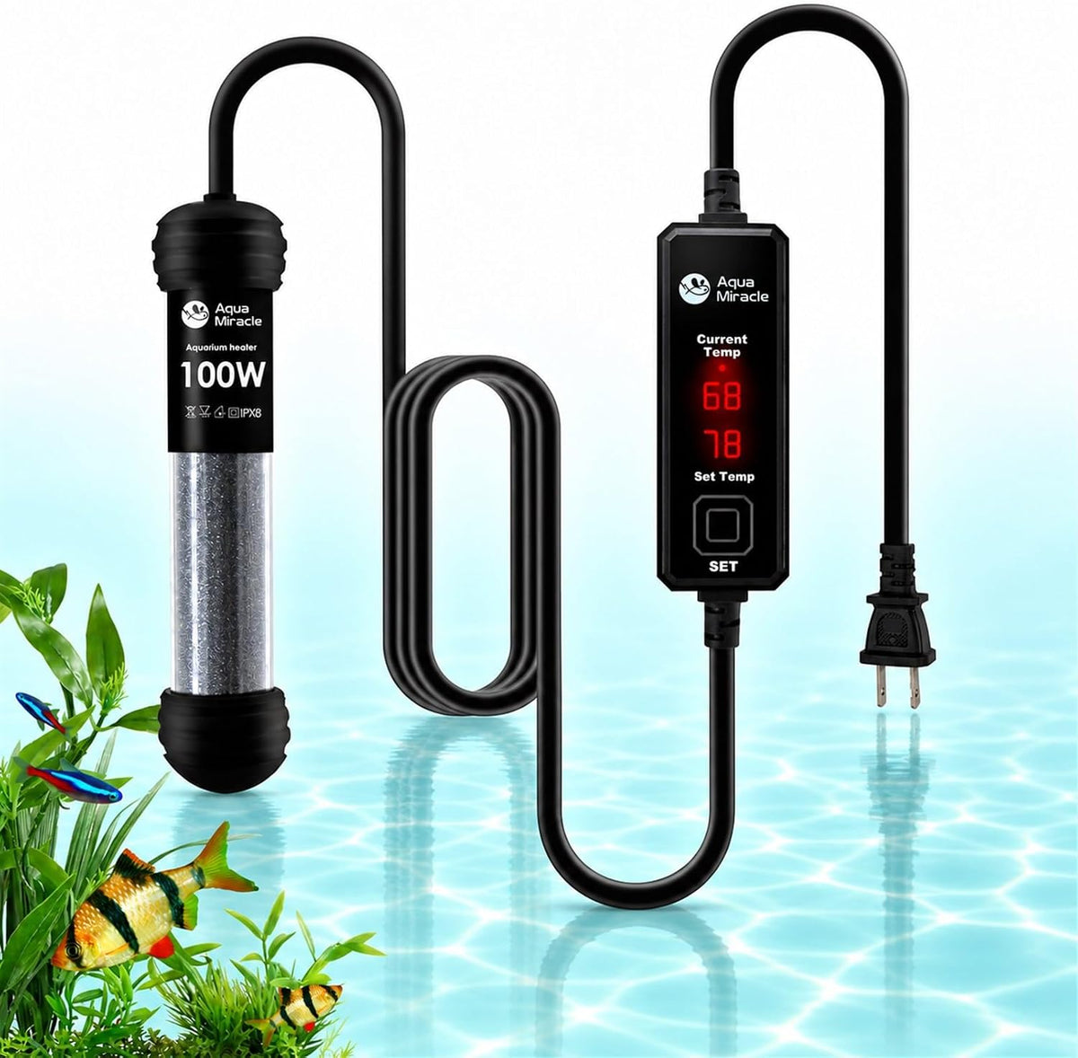 AquaMiracle 100W Dual LED Display Small Aquarium Heater for 10-20 Gal - 10-20 Gal Tanks