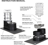 RIZZARI Automatic Cat Water Dispenser: Black 7L Elevated Fountain - Stainless Steel Gravity Feeder - Splash Guard Mat