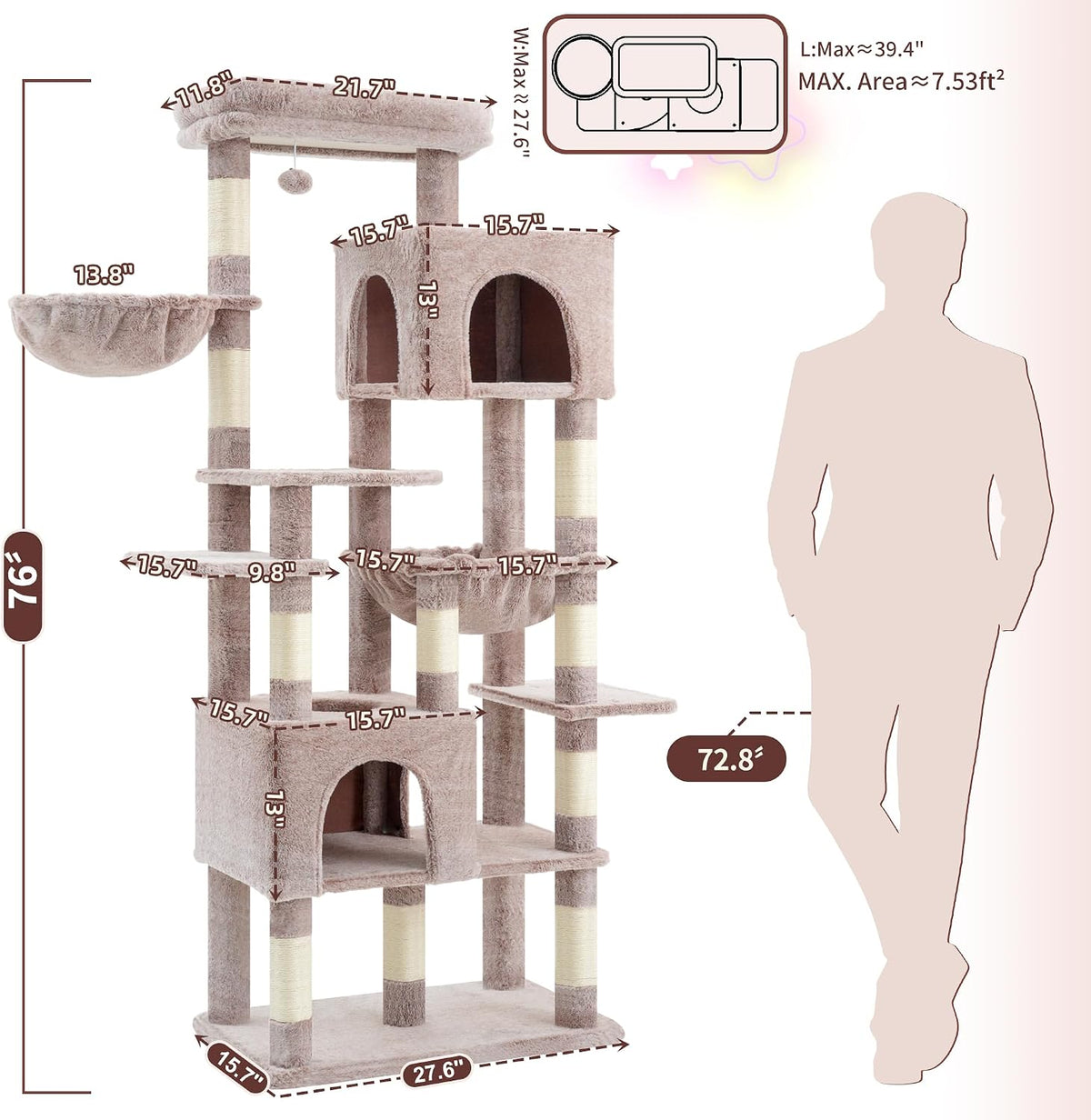 Heybly Cat Tree, 76-Inch Tall Heavy Duty Cat Tower for Big Cats HCT039G – Essentials for Cats - Rosy Brown / 76.8 inch - image 2