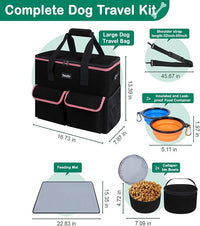 Large Pet Travel Bag Organizer - Dog & Cat Tote with Food Containers, Bowls, Feeding Mat, Perfect for Camping, Hiking (Multi-Pocket Design)