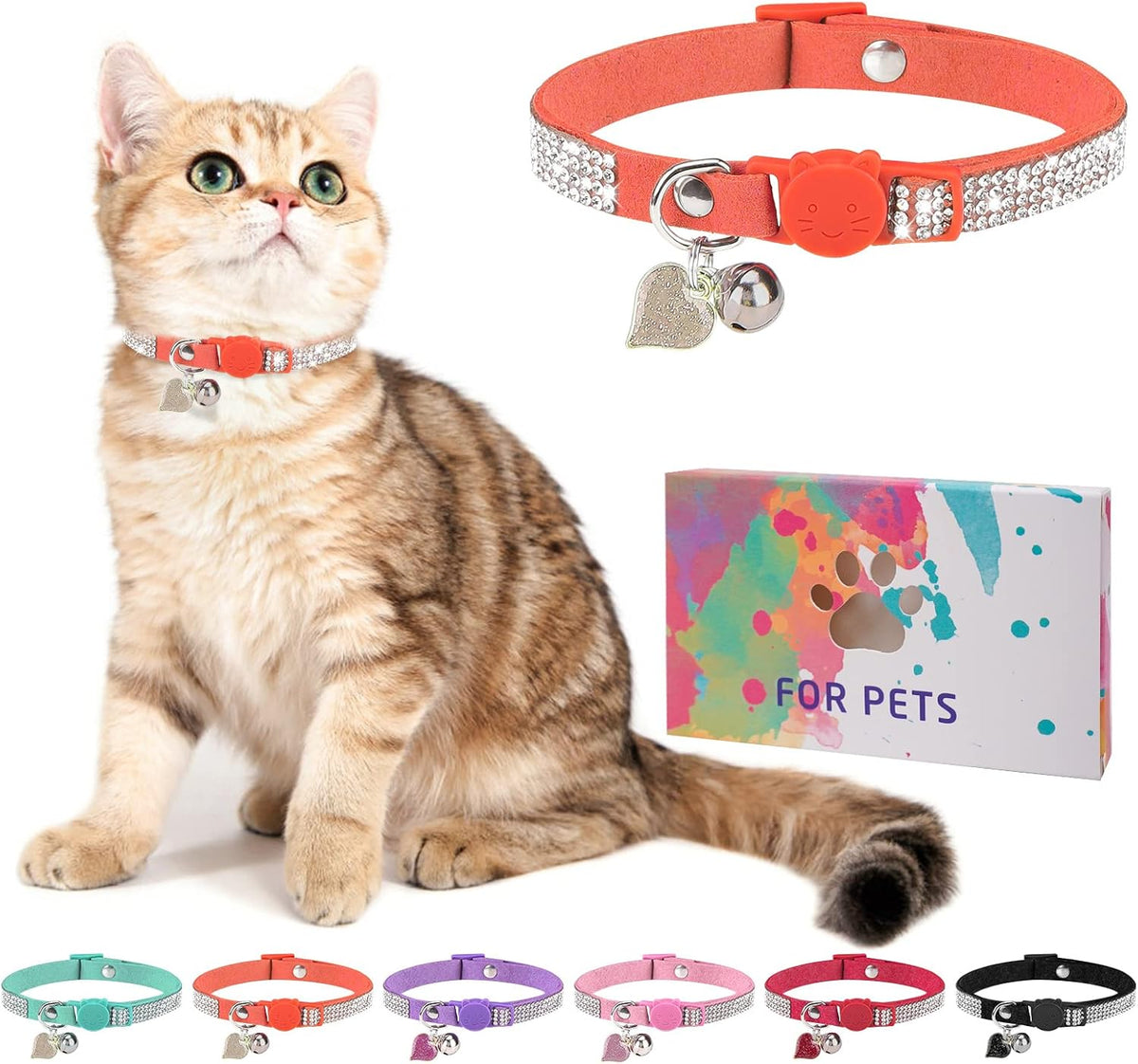 Rhinestone Cat Collar Breakaway, Bling Sparkly Diamond - Orange / 8"-12" Cats / Mini Dogs