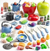 130Pcs Kitchen Playset, Toddler Pretend Cooking Play Pots, Pans - Blue / 100 Pcs