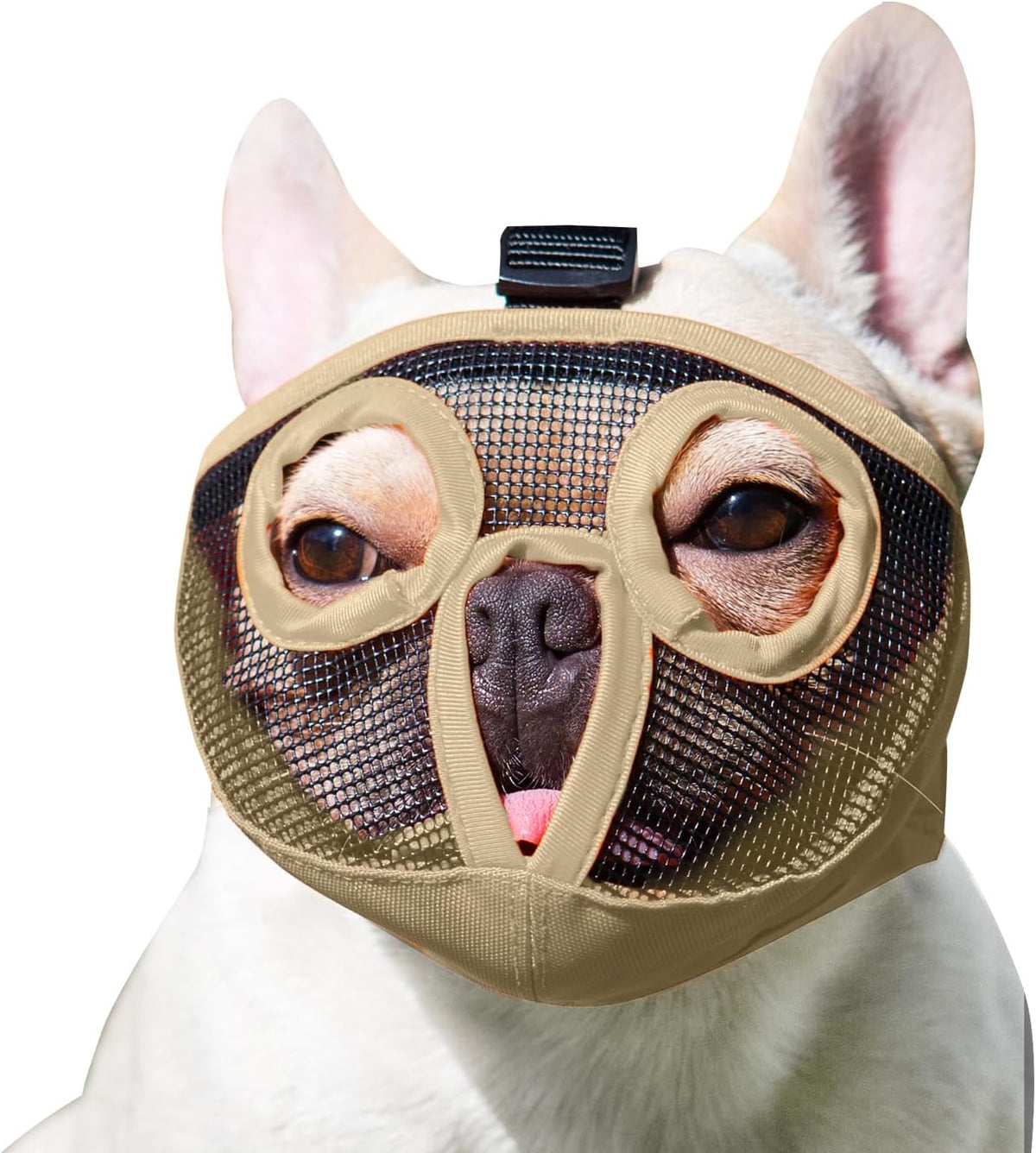 Short Snout Dog Muzzle - Adjustable Breathable Mesh Bulldog Muzzle for Biting Chewing Barking - Khaki / Large/15"-25"
