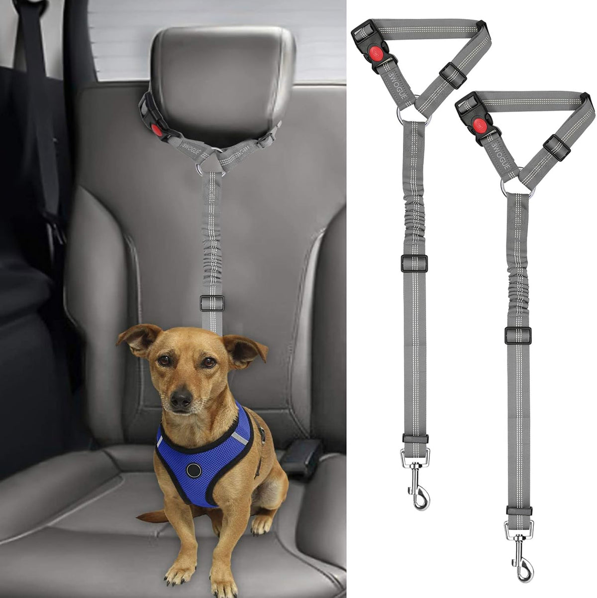 2 Pack Dog Seat Belt for Car, Headrest Restraint Safety Leads – Essentials for Dogs - Grey / Elastic