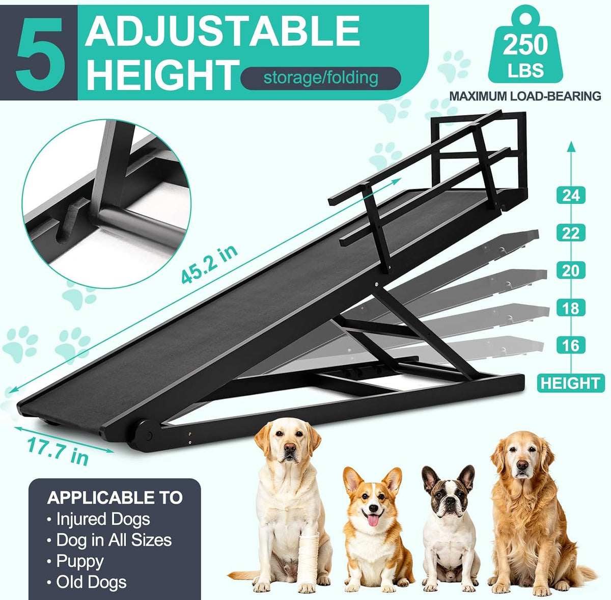 Dog Ramp for Bed & Couch, 46" Long Adjustable Wooden Pet Ramp for Bed – Essentials for Dogs - image 3