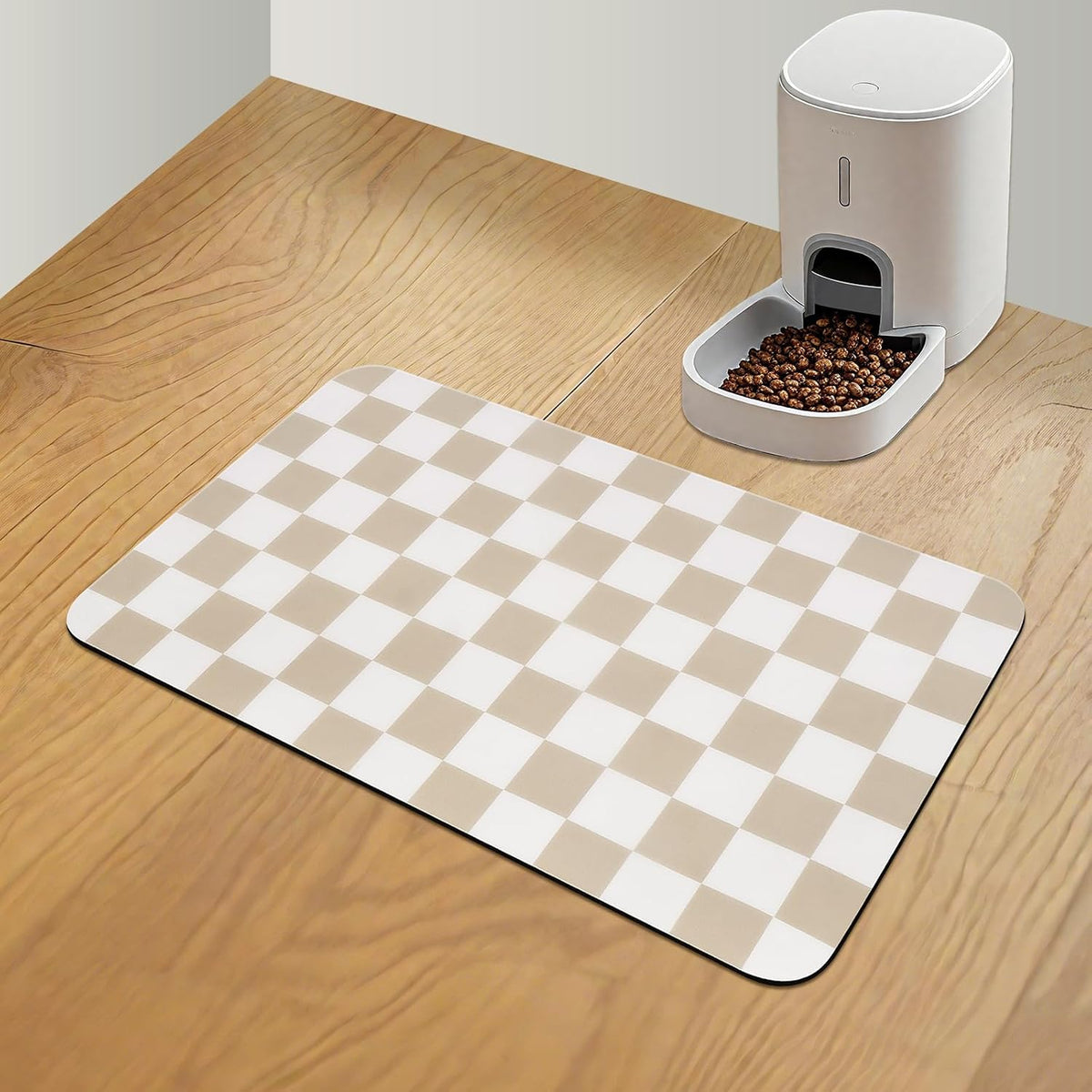 CooRug Checkered Dog Food Mat, Pet Feeding Mat 20" L x 12" W - Beige / 20"L x 12"W