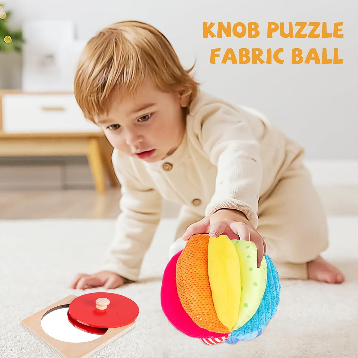 Adena Montessori Play Kit: Knob Puzzle, Drum & Ball, 6-12m – Fun for Kids & Family - Mirror Peekaboo Knob Puzzle & Fabric Ball - image 2