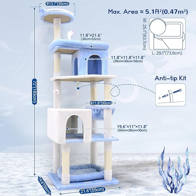 Globlazer Heavy Duty Cat Trees for Large Cats, Sturdy 72in Maine Coon Cat Tree for Large Cats 20 lbs+ Heavy Duty Cat Tower for Adult Biggest Cat with 6 Scratching Posts, Hammock, S72, Ocean Blue