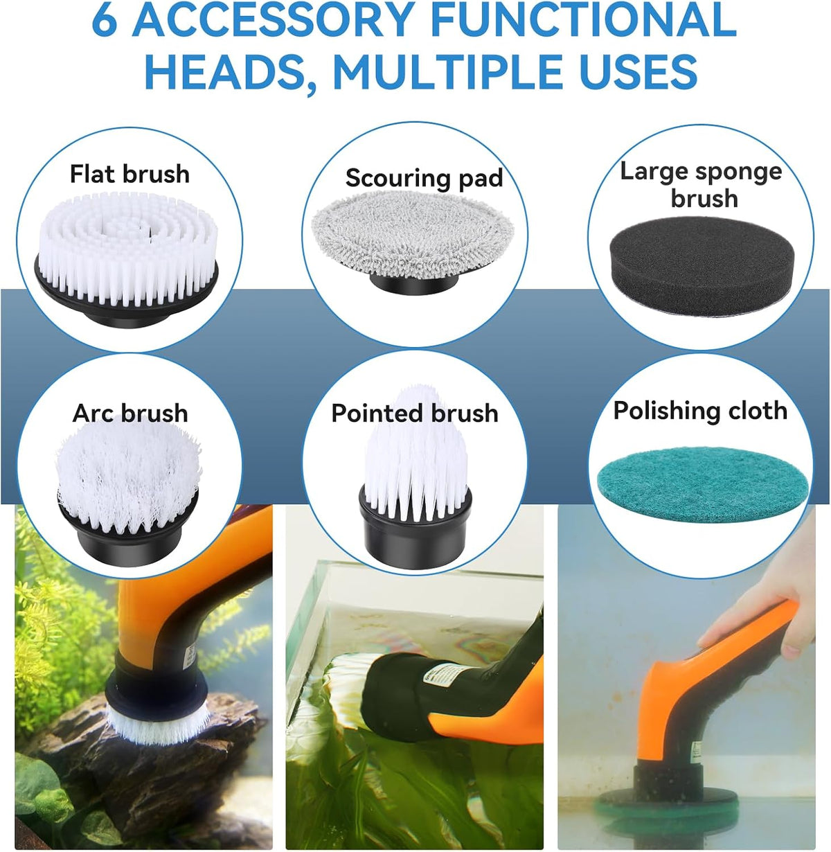 hygger IPX8 electric aquarium cleaning brush kit with 6 replaceable brush heads - view 3