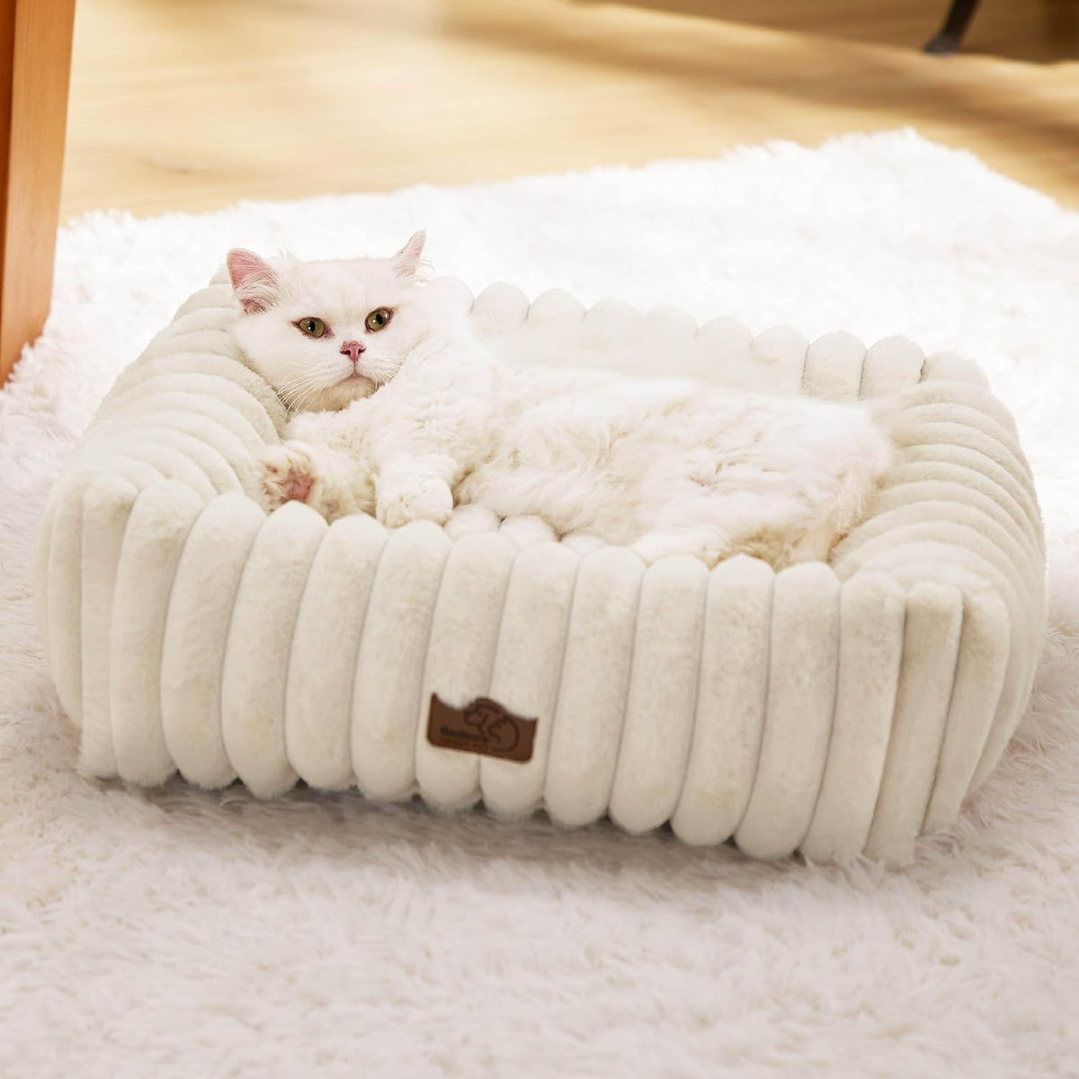 Bedsure ComfyFleece Cute Dog Bed for Small Medium Dogs Washable - S(20" x19" x6") / Cream