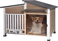 GUTINNEEN Dog House Outdoor with Anti-Chewing Metal Frame, Wooden Dog Kennel with 360° Rotating Feeding Bowl, Weatherproof Roof, for Indoor & Outdoor Use - Brown