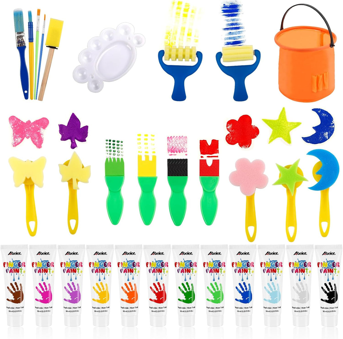 ABEIER Washable Finger Paint for Toddlers 1-3 - 12 tube with tools