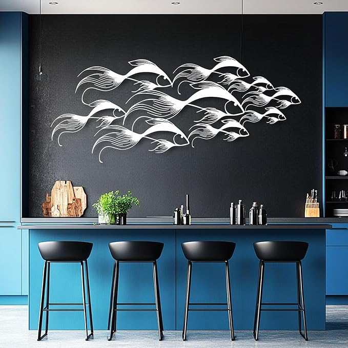School of Fish Metal Wall Art, Metal Fish Wall Decor, Sea Life Wall Art, Large Nautical Wall Hanging, Modern Beach House Wall Decor, Ocean Themed Artwork for Bathroom (Silver, 30"x12" | 76x32cm)