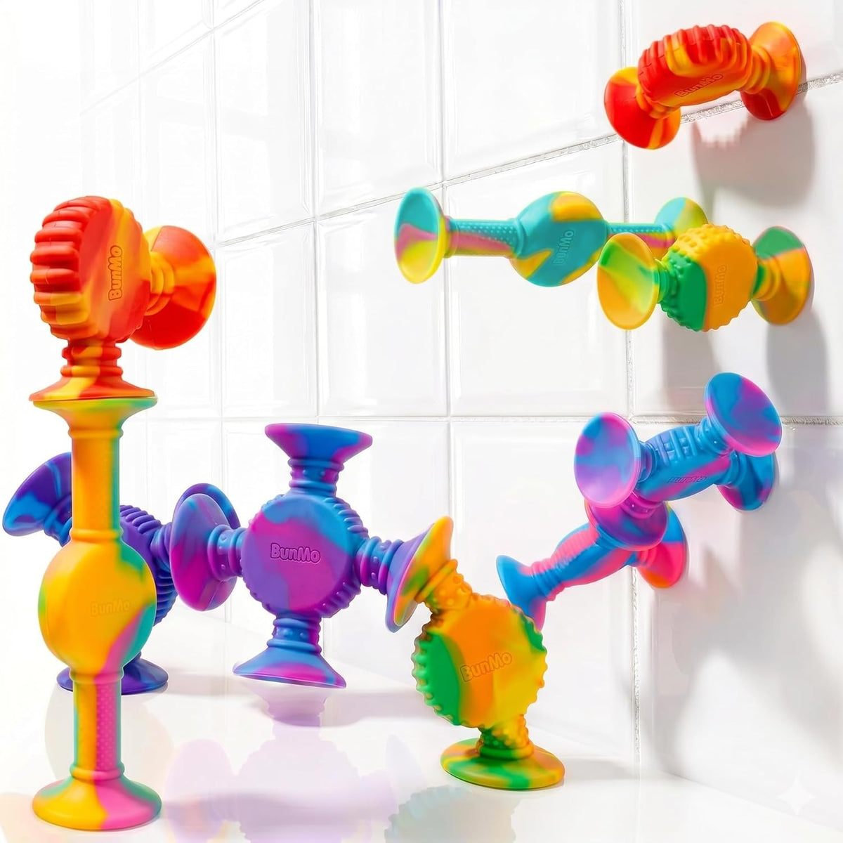 BUNMO Bath Toys Suction, Connect, Build, Create - Rainbow Swirl - 10 Pk