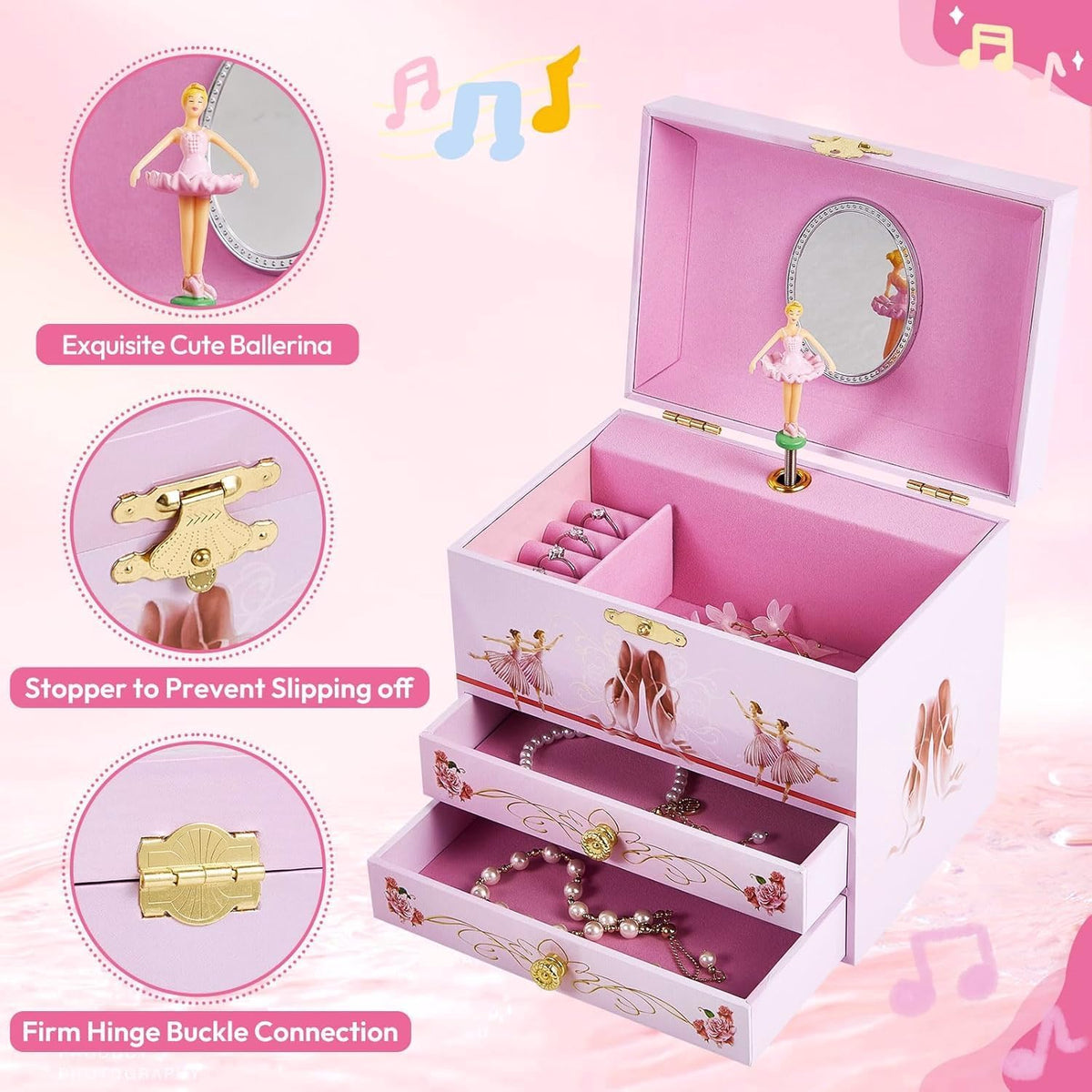 TAOPU ballerina musical jewelry box for girls with spinning dancer and two drawers - view 3