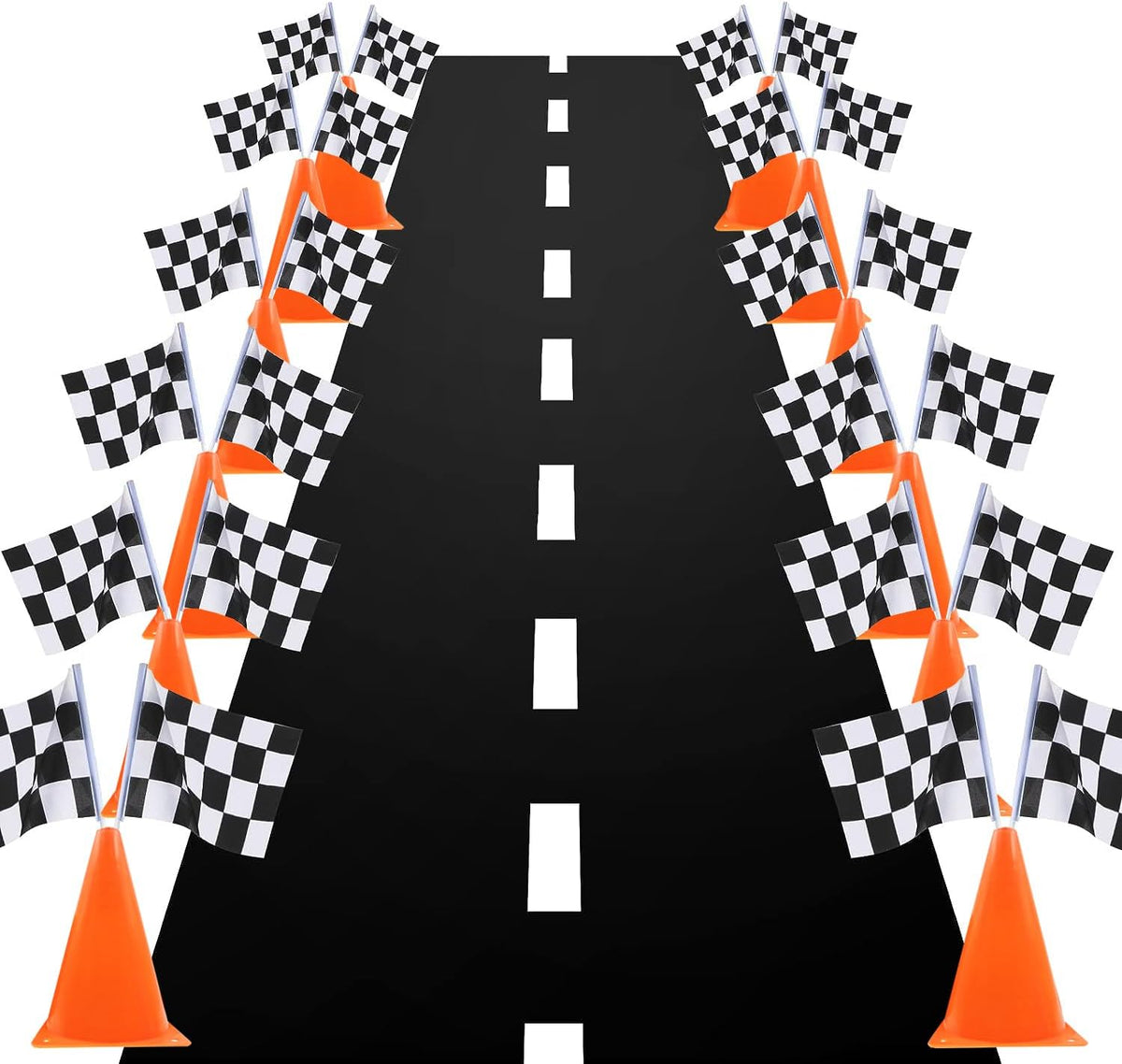 YOELVN race car party cones, six orange 7 inch traffic cones holding checkered flags - view 8