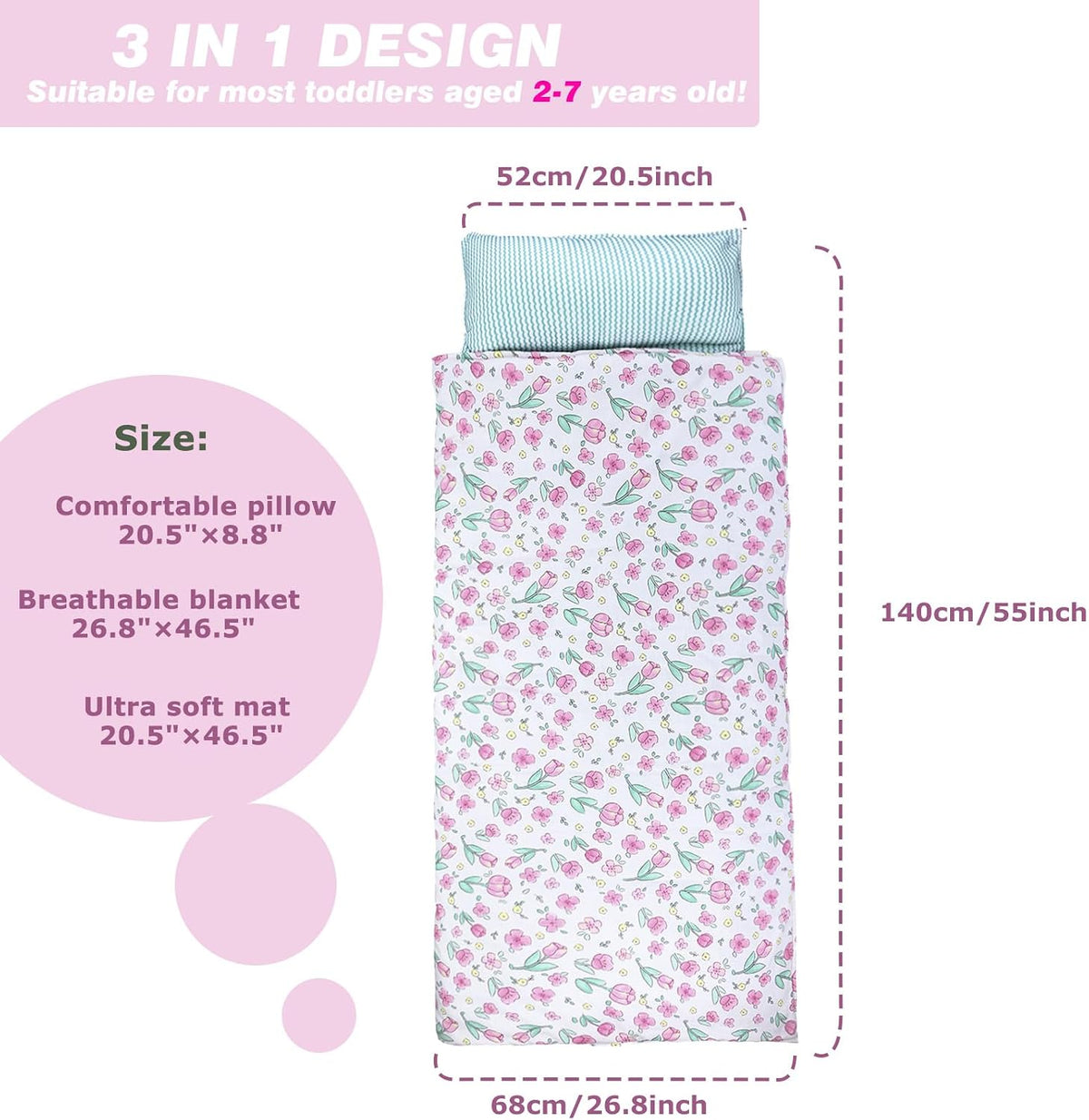 Toddler Nap Mat with Removable Pillow & Soft Blanket - Pink flowers - image 2