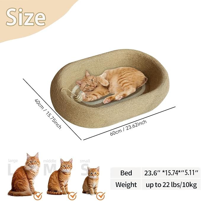 Cat Scratching Pad -Oval Cat Scratching Post - with Natural Sisal and Hanging Toy Ball, 3-in-1 Cat Scratching Post, Sisal Bed, Suitable for Indoor Cat Play, Round Oval Rest and Scratching