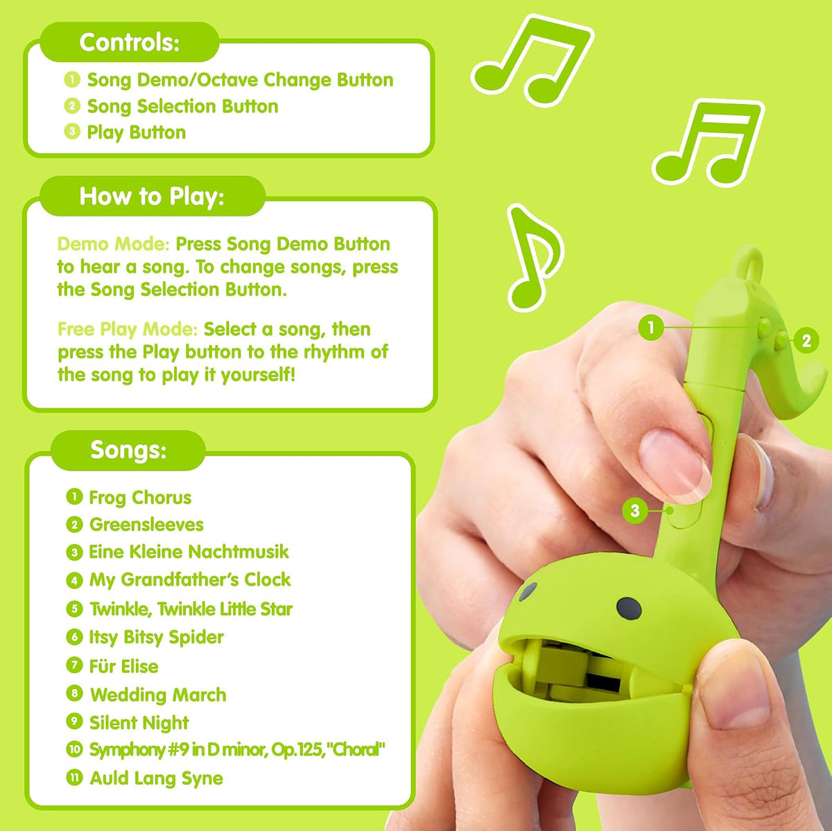 Otamatone Melody musical electronic instrument toy keychain in lime green note shape - view 9
