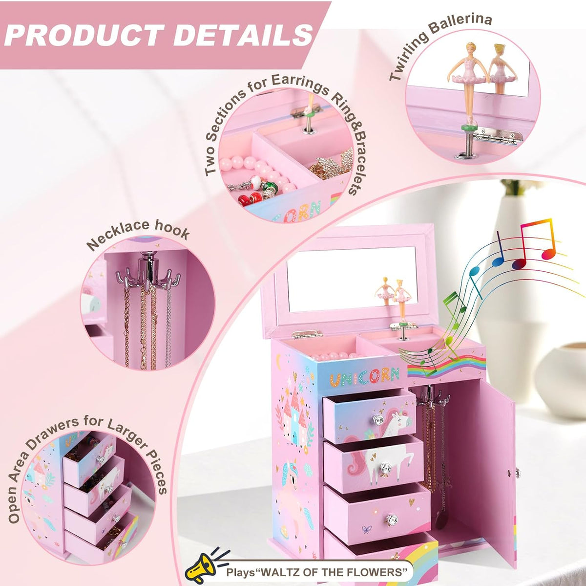 Jewelry Box for Girls 5-Layer with Swing Door Spinning Ballerina - Pink & Blue - image 3
