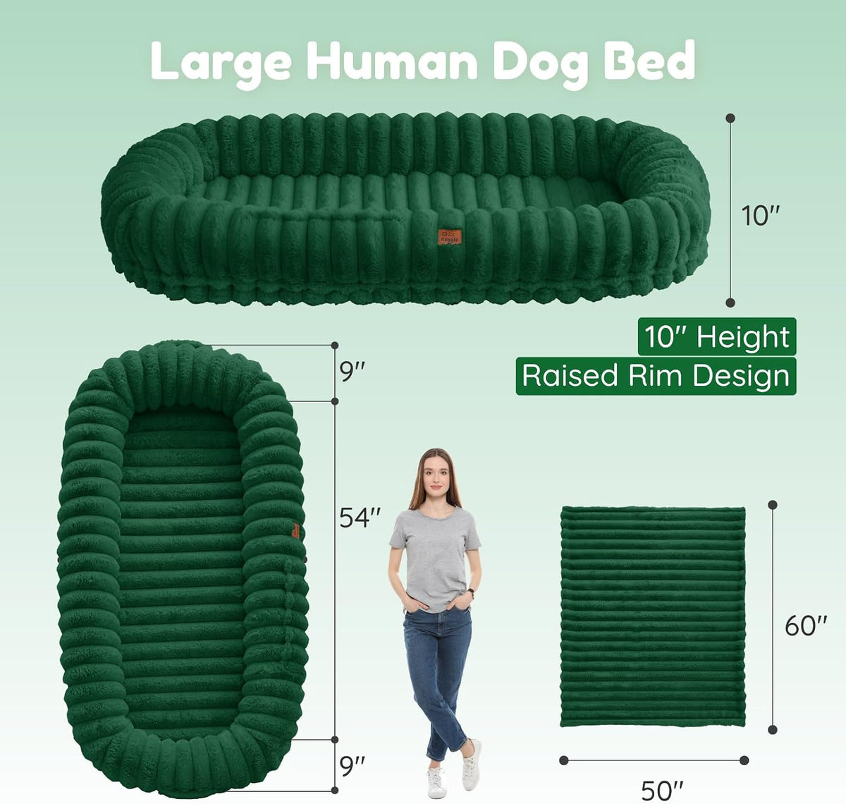 Orthopedic Human Dog Bed, with Faux Fur Washable Cover, Blanket - Dark Green / Human Dog Bed (72x40x10) - image 3
