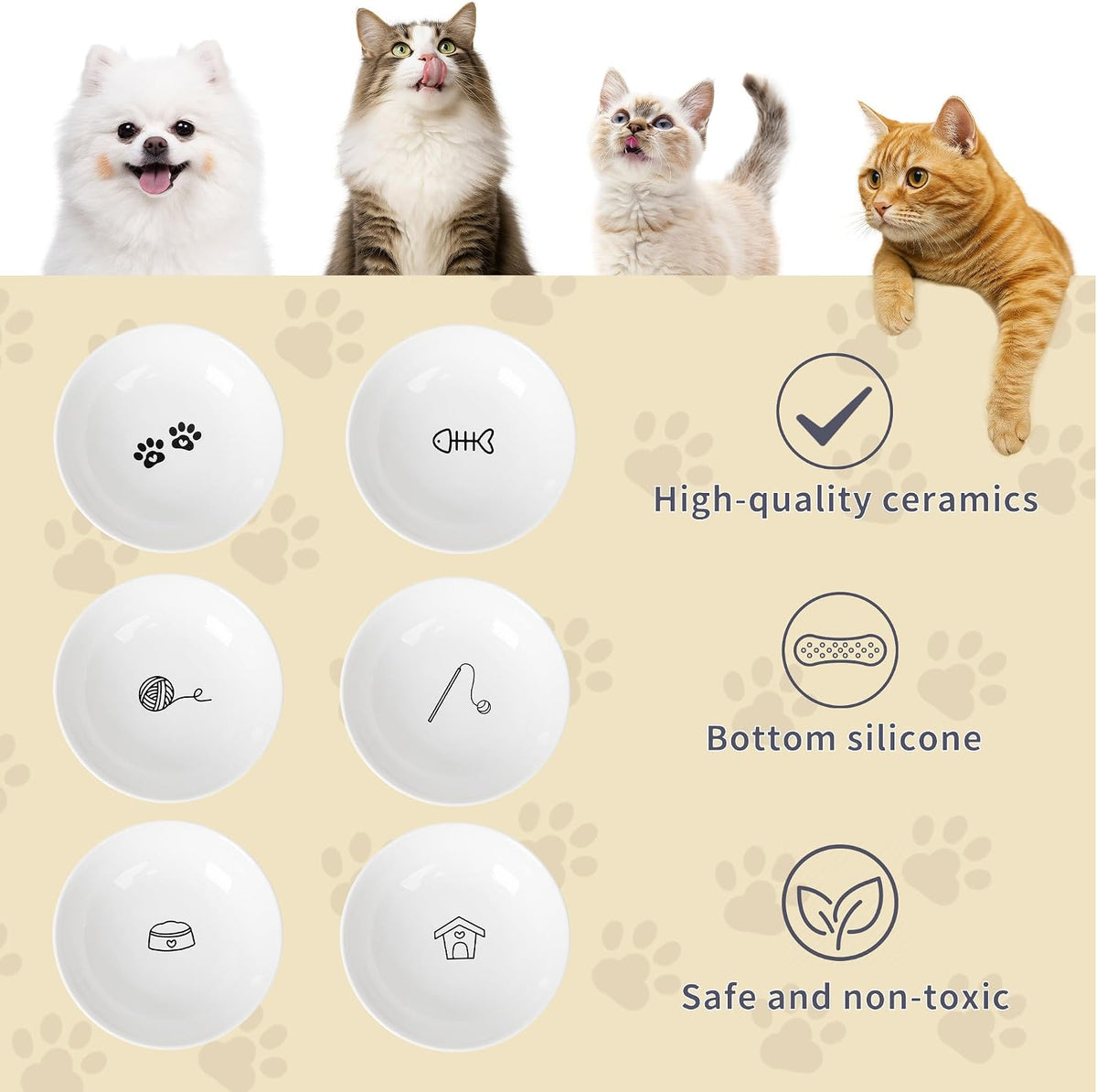 Non-Slip Cat Food Bowls, 6 Pack Whisker-Friendly Ceramic Bowls – Essentials for Cats - white - image 2
