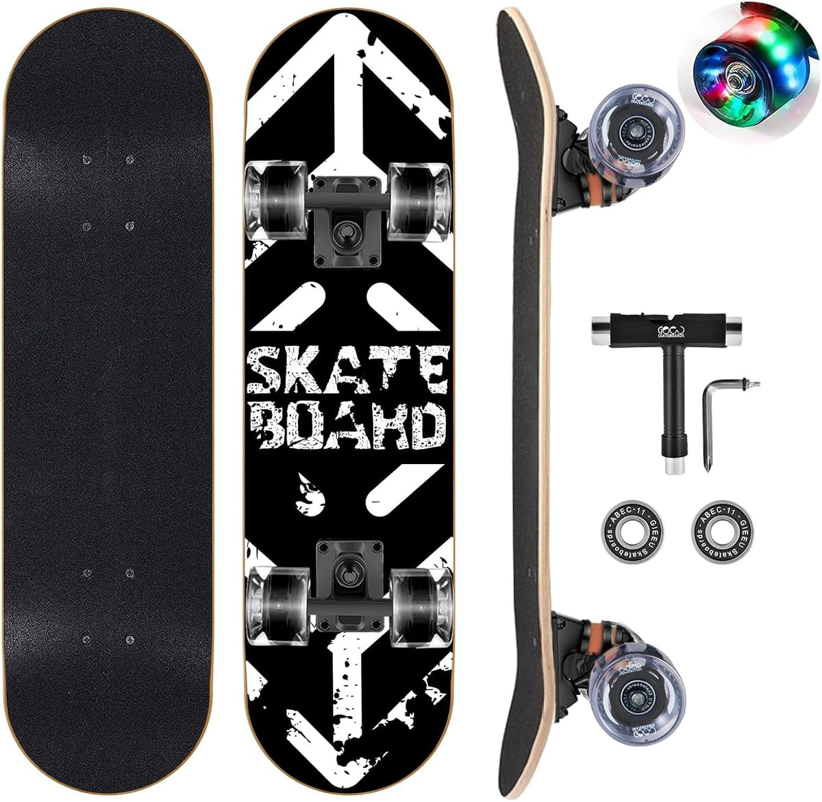 Skateboards with Colorful Flashing Wheels for Beginners, Kids - 4-Black and White