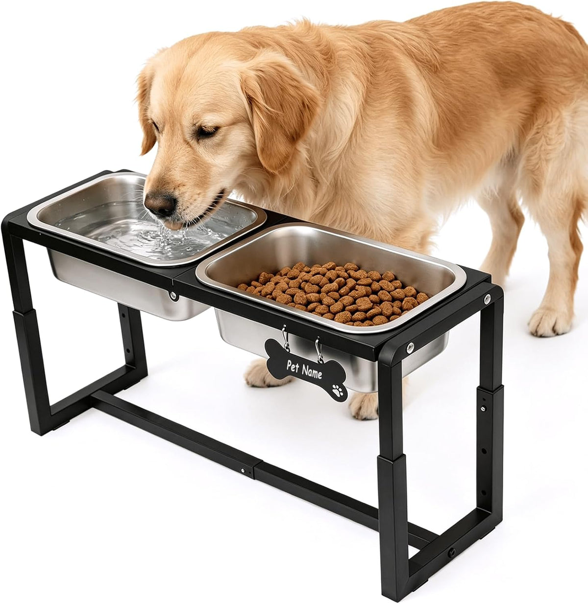 Elevated Dog Bowls, Metal Raised Dog Bowl Stand with 2 Thick 58oz Stainless Steel Food Bowls - Black-1.2gal x 2 / Height: 8.8-14"