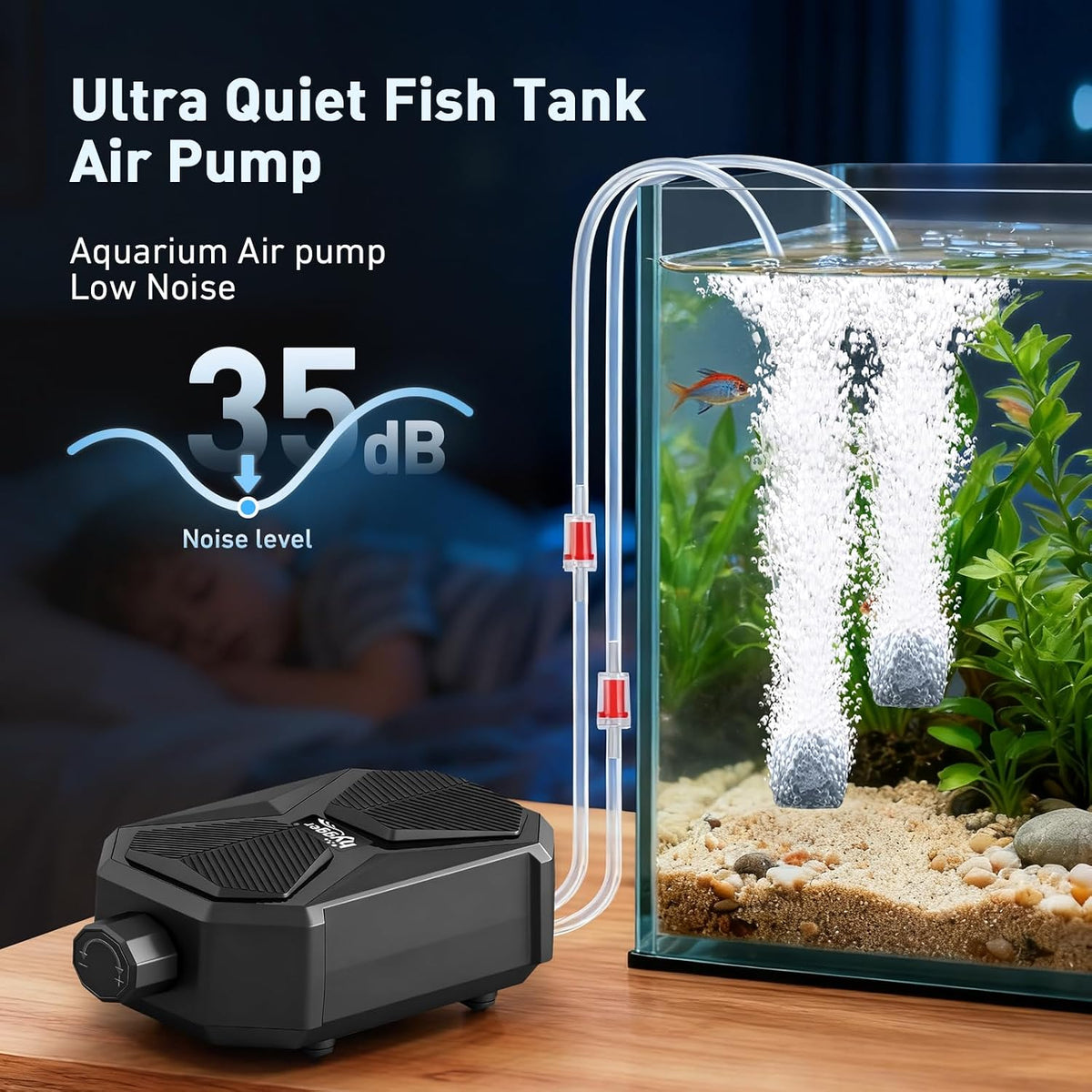 hygger Aquarium Air Pump, Ultra Quiet Oxygen Aerator with Air Stone Airline Tubing Check Valve - Medium - image 2