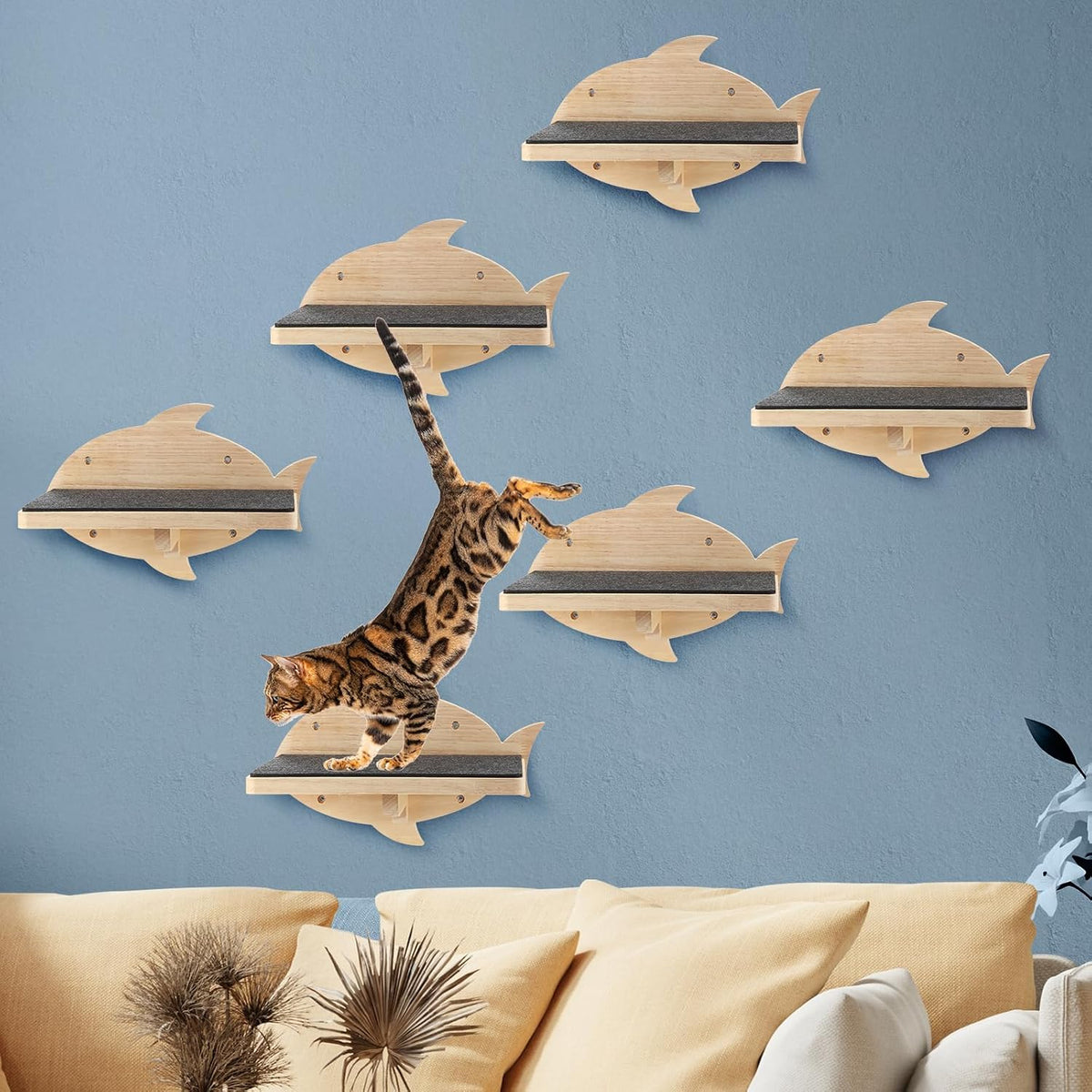Lenwen 6 Set Cat Wall Shelves, Wood Cat Climbing Step - Fish