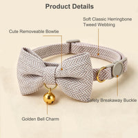 Breakaway Cat Collar with Bow Tie and Bell Adjustable Soft Corduroy - Small: Neck 7.5" - 11.0" / Tweed-Grey - image 2