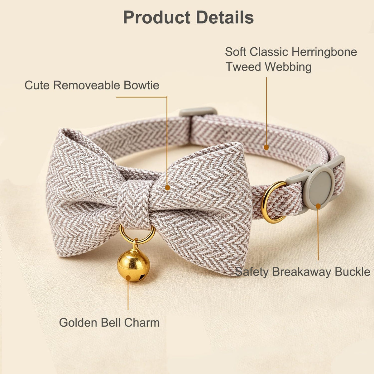 Breakaway Cat Collar with Bow Tie and Bell Adjustable Soft Corduroy - Small: Neck 7.5" - 11.0" / Tweed-Grey - image 2