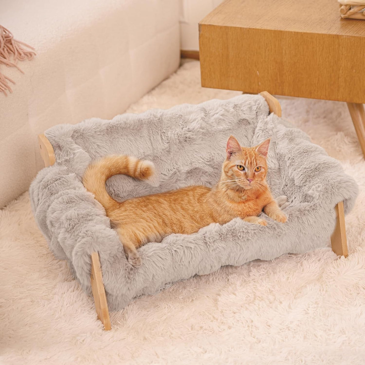 Elevated Cat Couch Bed Wooden Raised Kitty Sofa Lounge Chair – Essentials for Cats - Cat Sofa-Khaki(Light Gray)
