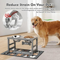 Elevated Dog Bowls, 10" Tall Height, Raised Bowl Stand with 2 Stainless Steel Food Feeder Bowls (58oz) and Spill-Proof Mat for Medium Large and Small Breeds, Grey