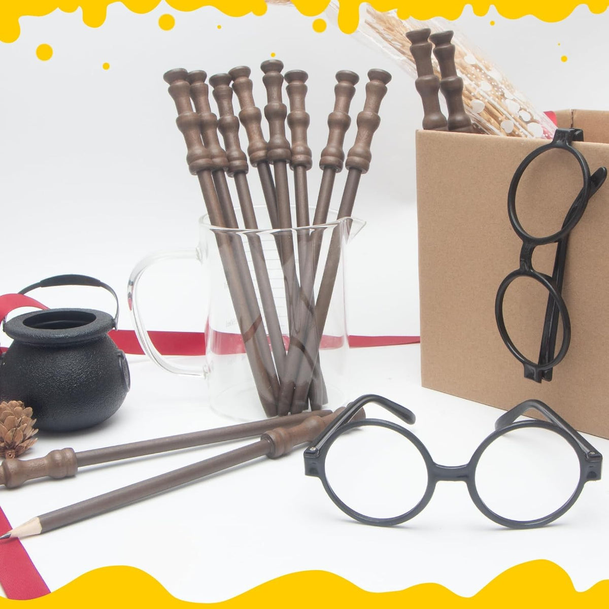 Col-Pary wizard party set with 24 wooden wand pencils and 24 round black glasses frames - view 4