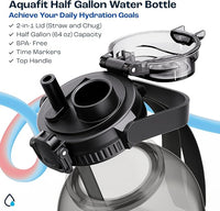 AQUAFIT 64 oz Water Bottle with Time Marker - 2in1 Straw & Chug Lid - BPA Free Big Water Bottle with Straw - Gym Water Bottle with Strap - Water Jug (64 Ounces, Frosty)