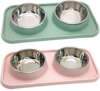 BNOSDM Double Dog Food Bowls Stainless Steel Dog Food and Water Bowls - Pink+Green