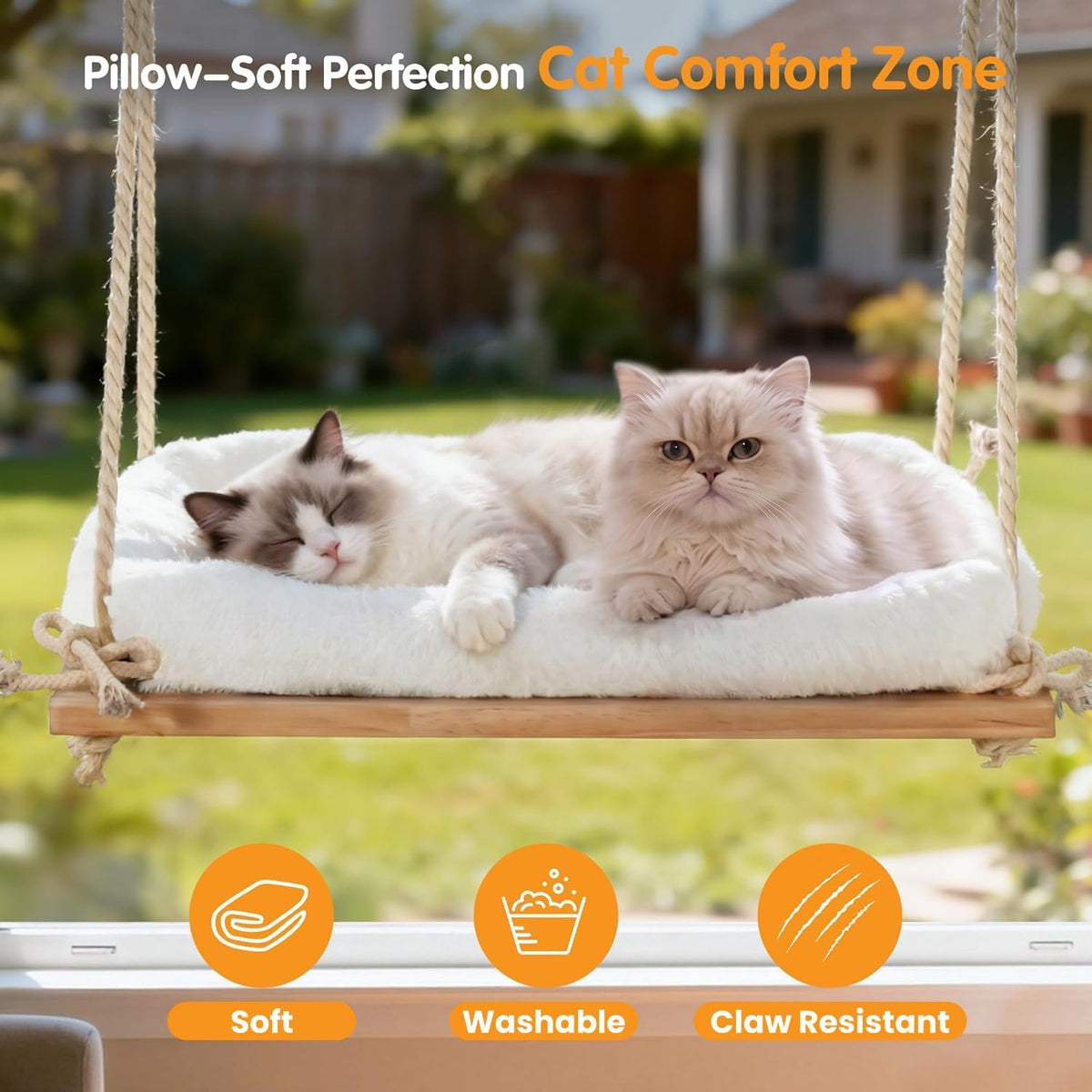 Cat Window Perch Hammock with Solid Wood Seat & Plush Cushion – Essentials for Cats - Natural Wood / Suction Cup Mount - Large - image 4