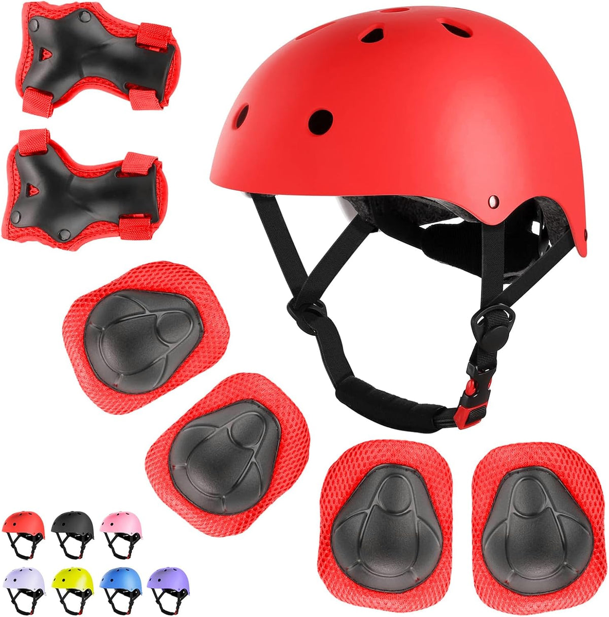 WayEee Kids Bike Helmet Set Knee Pads Adjustable Protective Gear - Red / S(3-10years)