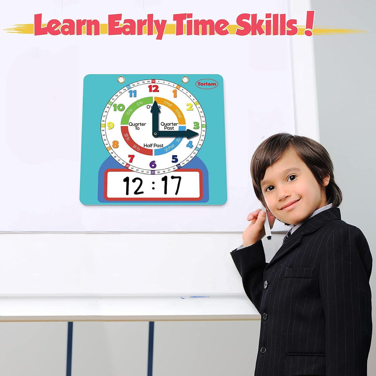 Large Magnetic Dry Erase Learning Clock for Kids Learn to Tell Time - Light Blue - image 4